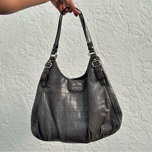Coach Metallic Gray Croc-Embossed Shoulder Bag